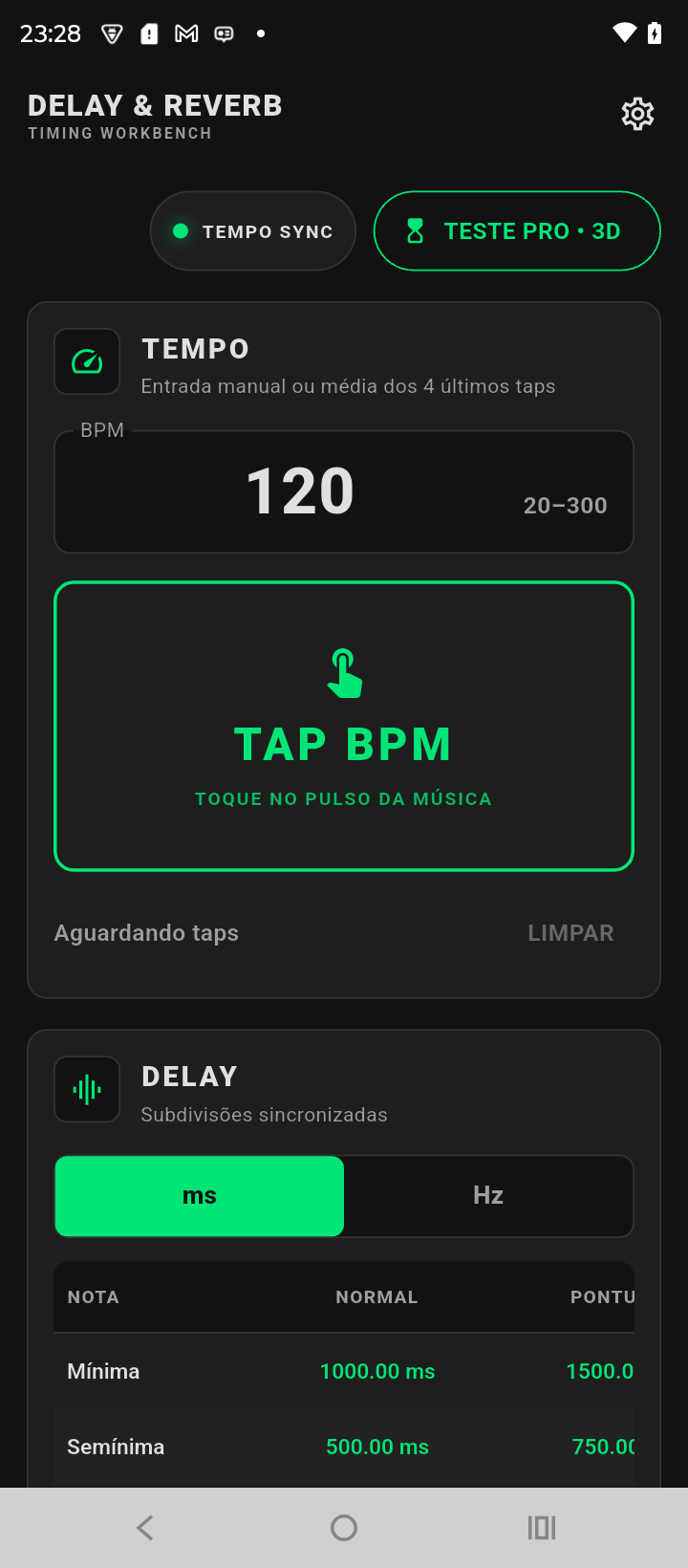 Calculadora com BPM, botão Tap BPM e tabela de tempos de delay