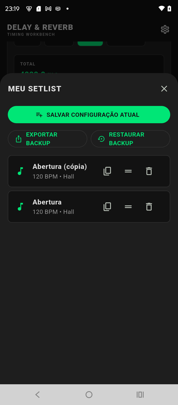 Setlist reordenado no aplicativo