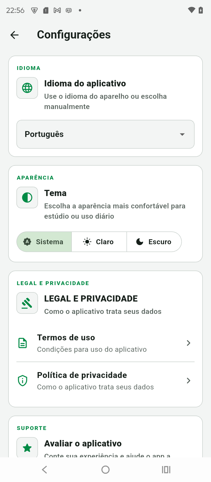 Configurações no tema claro