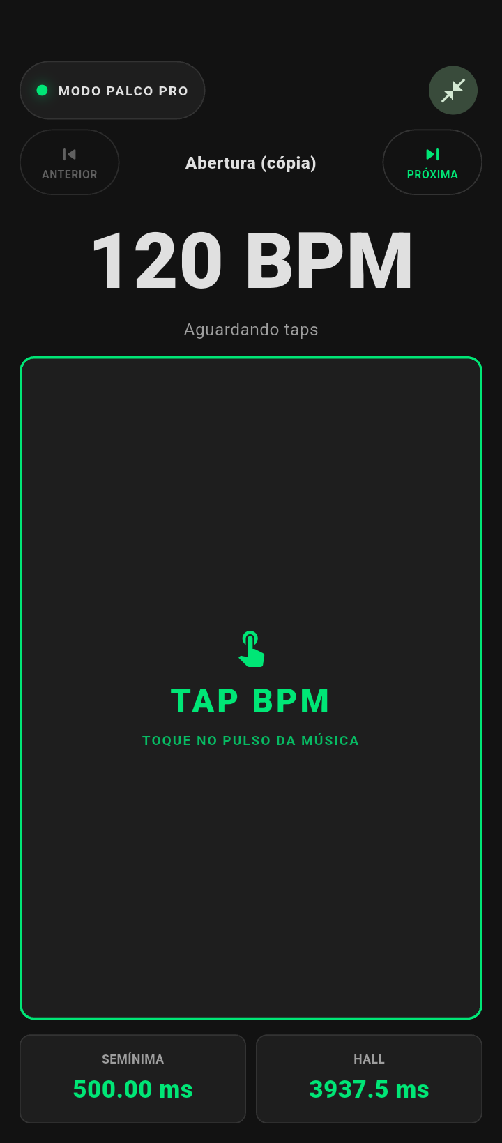 Modo palco com navegação entre músicas do setlist