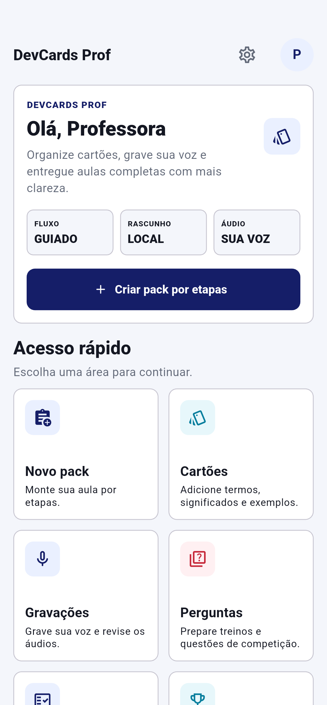 Tela real do DevCards Prof com criação de pack por etapas e acesso a cartões, gravações e perguntas