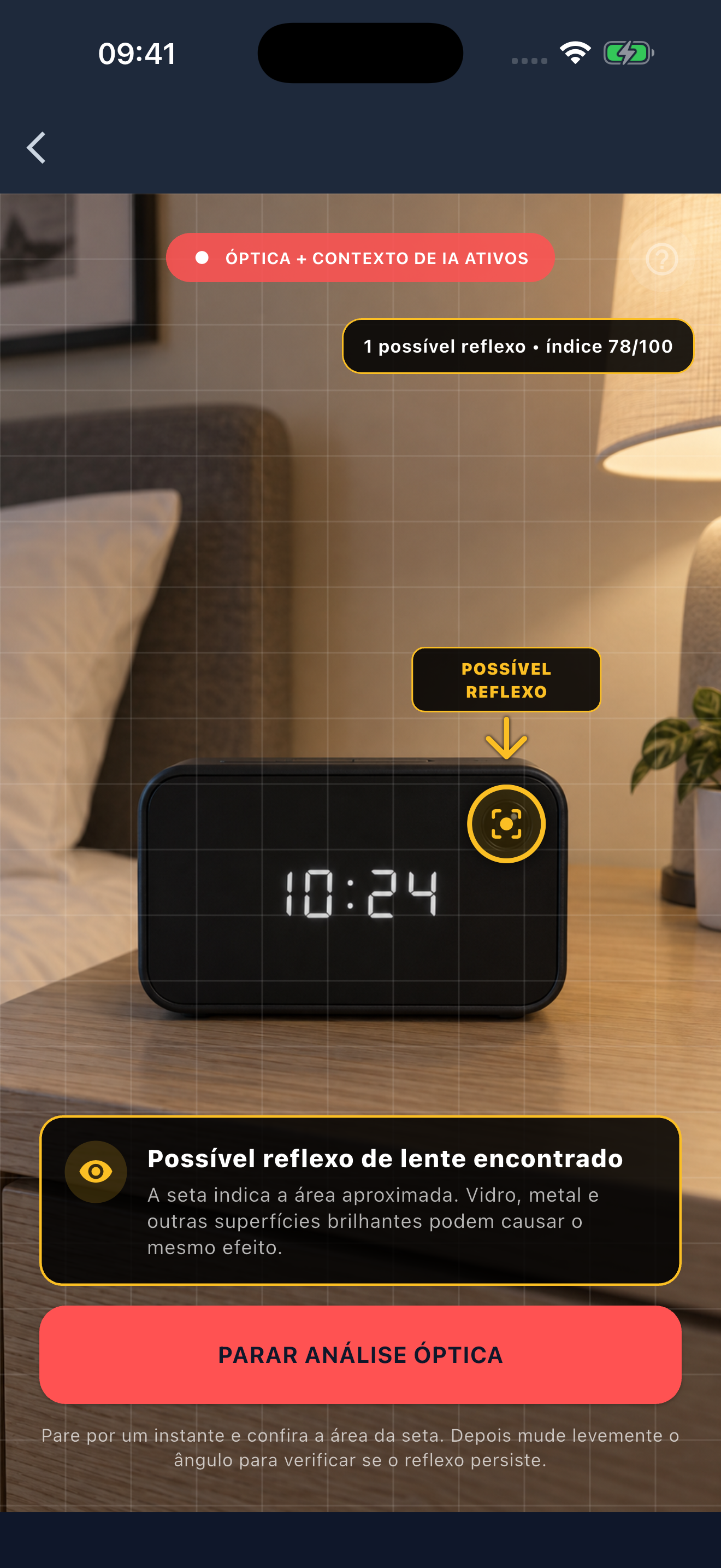 Interface do detector óptico com seta indicando um possível reflexo de lente