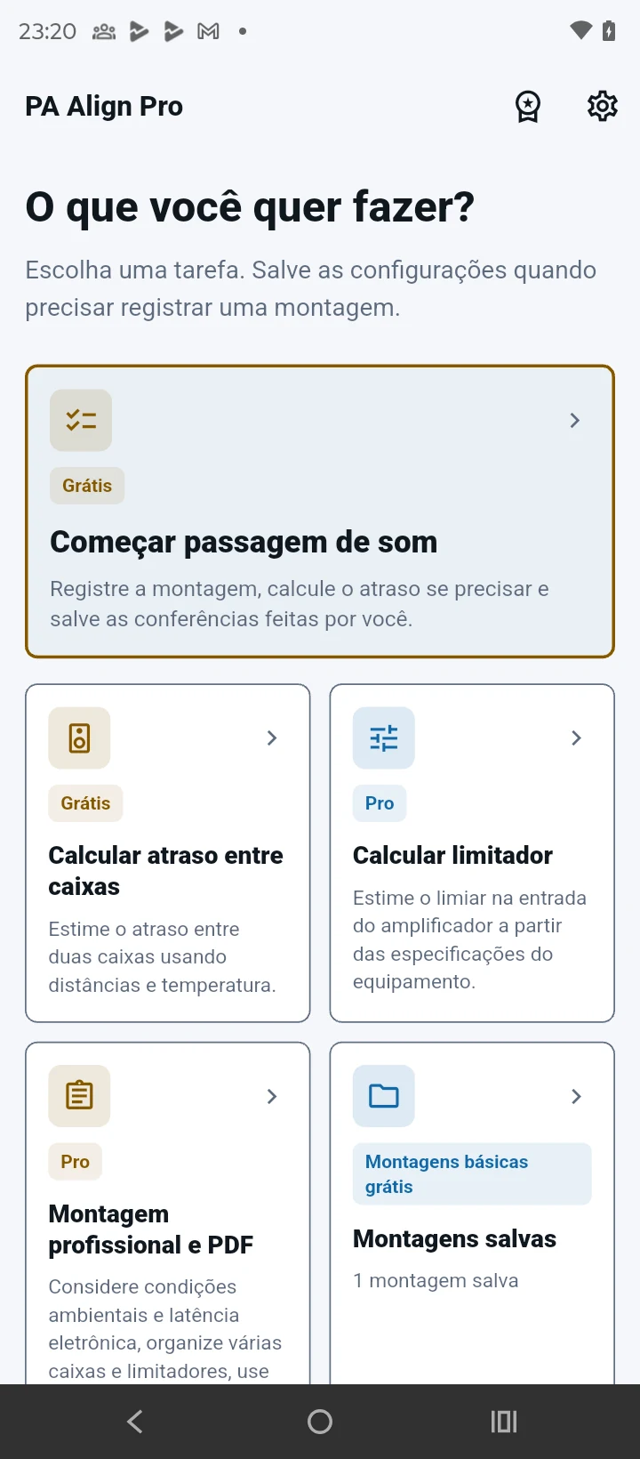 Tela real do PA Align Pro com Começar passagem de som em destaque, cálculo de atraso, limitador, ferramentas Pro e montagens salvas